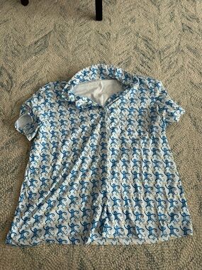 White Short Sleeve Shirt with Blue Monkey Print